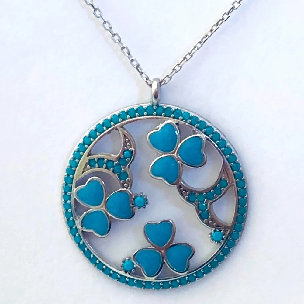 925 Silver blue enamel clover turquoise stones necklace